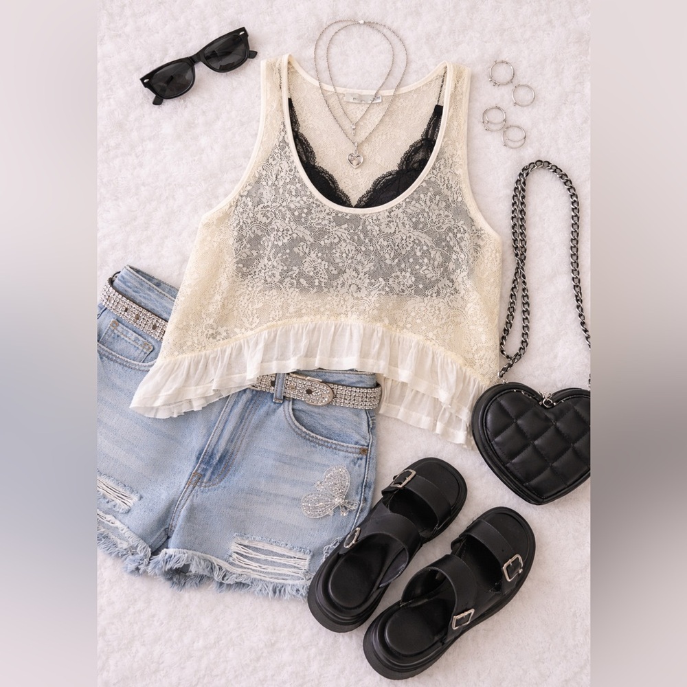 LF Off White Lace Ruffle Tank Boho Coquette Sheer Top